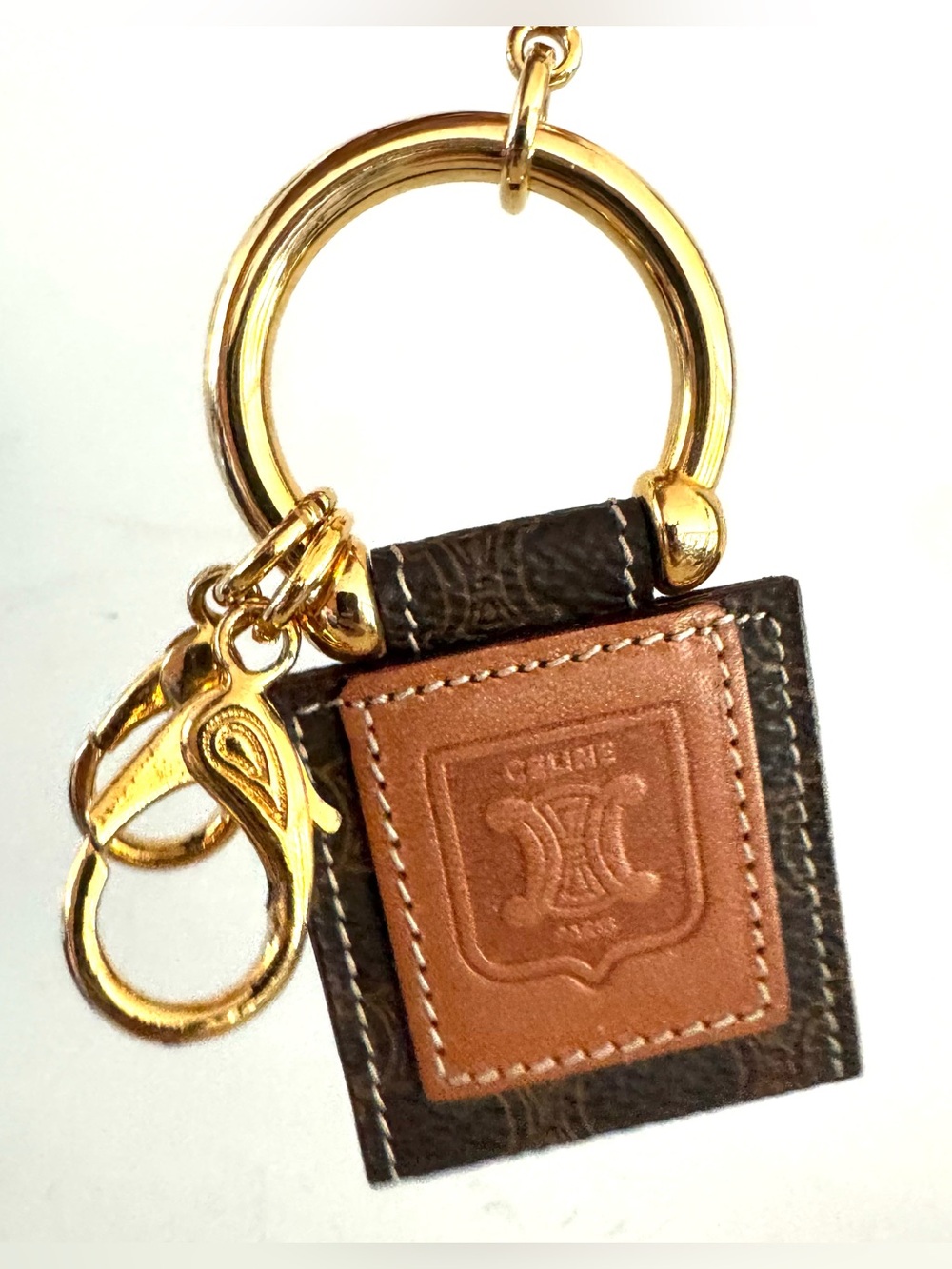 CELINE Macadam Canvas Leather Bag Charm Keychain Gold Tone Like New - Picture 1 of 7